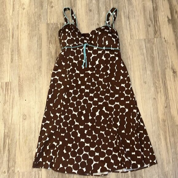 Madison Leigh Sz 10 Brown Polka Dot Teal Blue Accent Retro Midi Dress - Picture 1 of 6